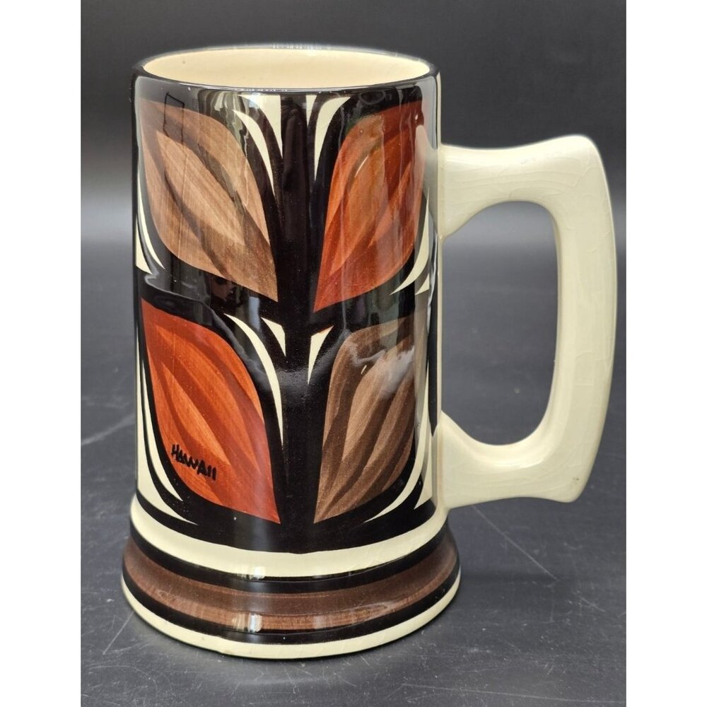 Vintage Hawaii Pottery Stein Mug Hand-Painted Brown & Cream Floral Design VL4007